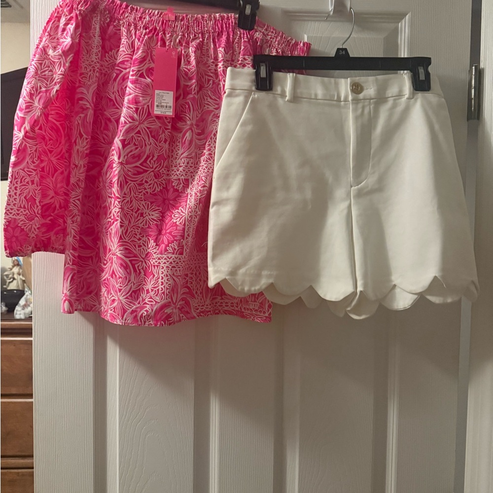 Pink Floral Top and White Scalloped Shorts